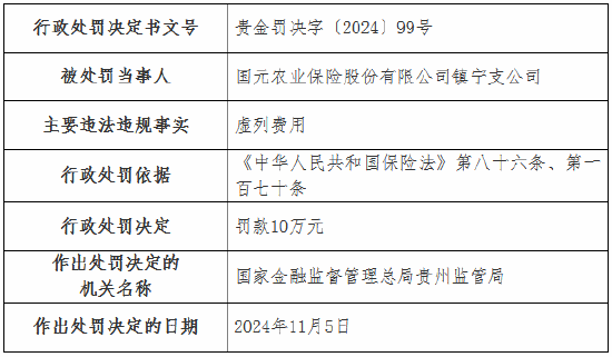 国元农险两家支公司因虚列费用被罚款22万元